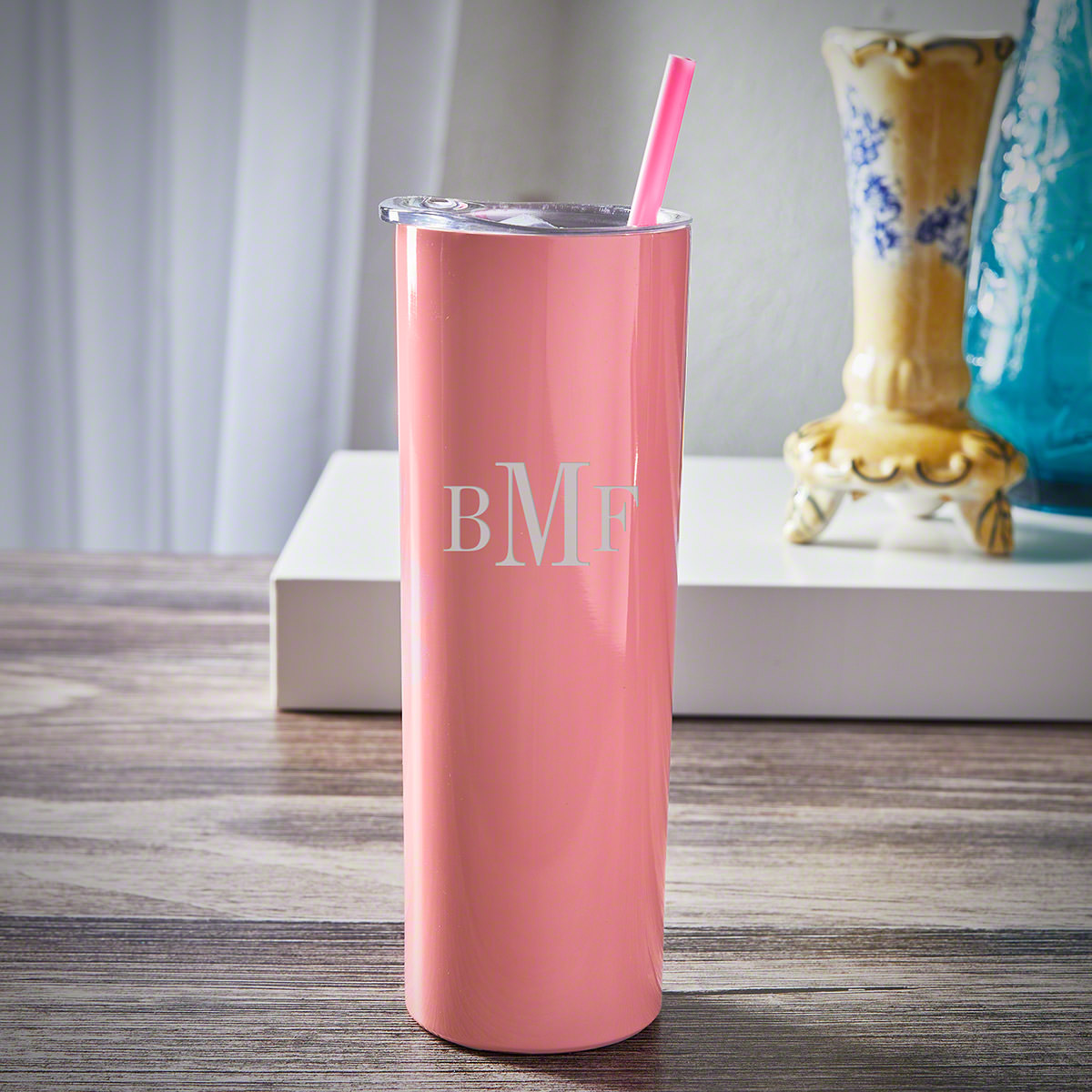 Pink Personalized Tumbler with Straw Classic Monogram
