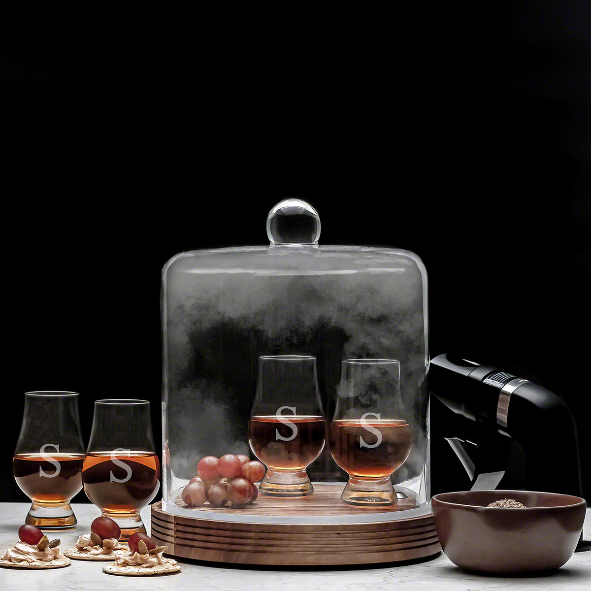 Single Initial Glass Drink Smoker Set with Custom Glencairn Glasses