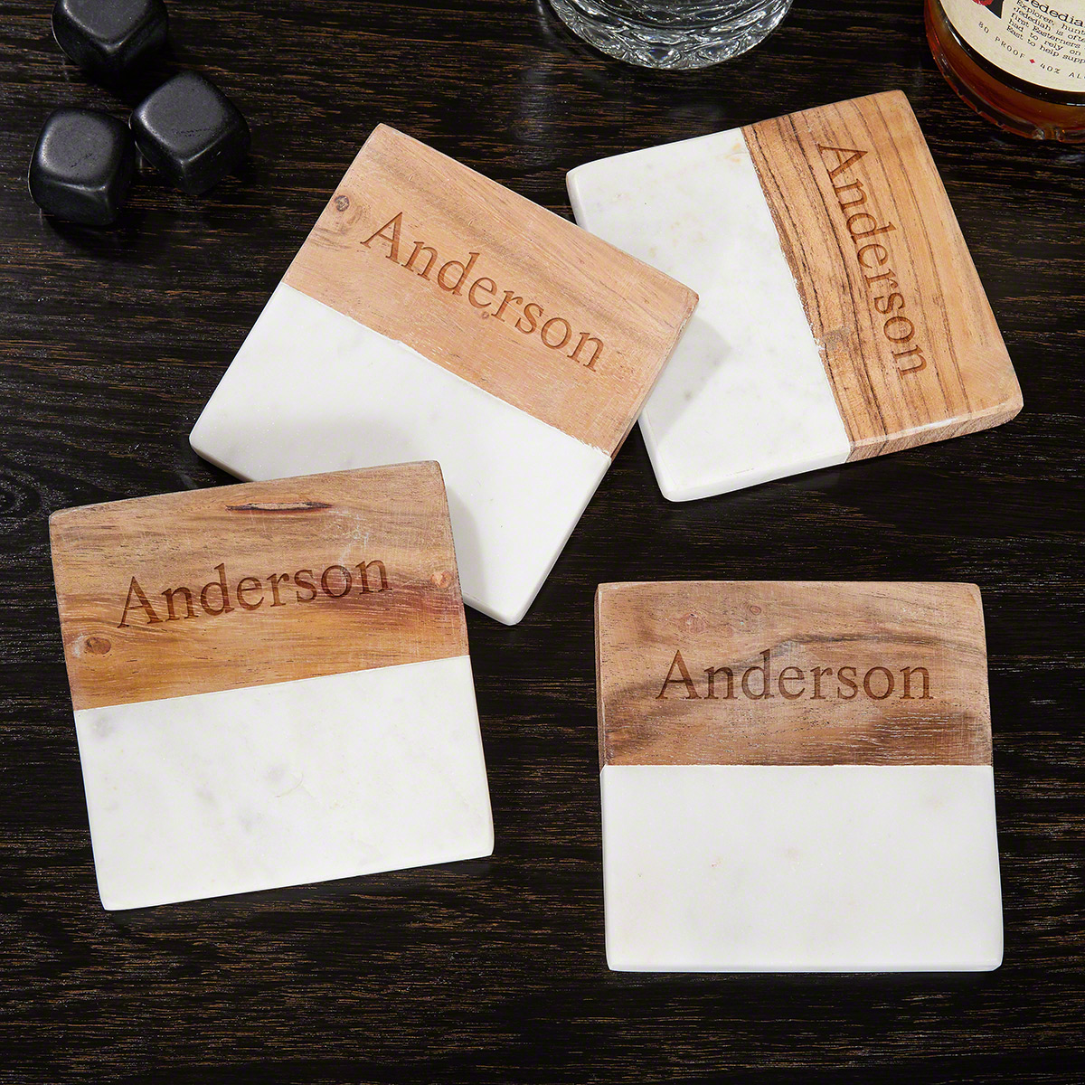 Set of 4 Wood Edge Farmhouse Rustic Coaster Housewarming Gift with Protective Cork Backer Questech Wood Grain Drink Coasters Brushed Nickel Metal Finish 