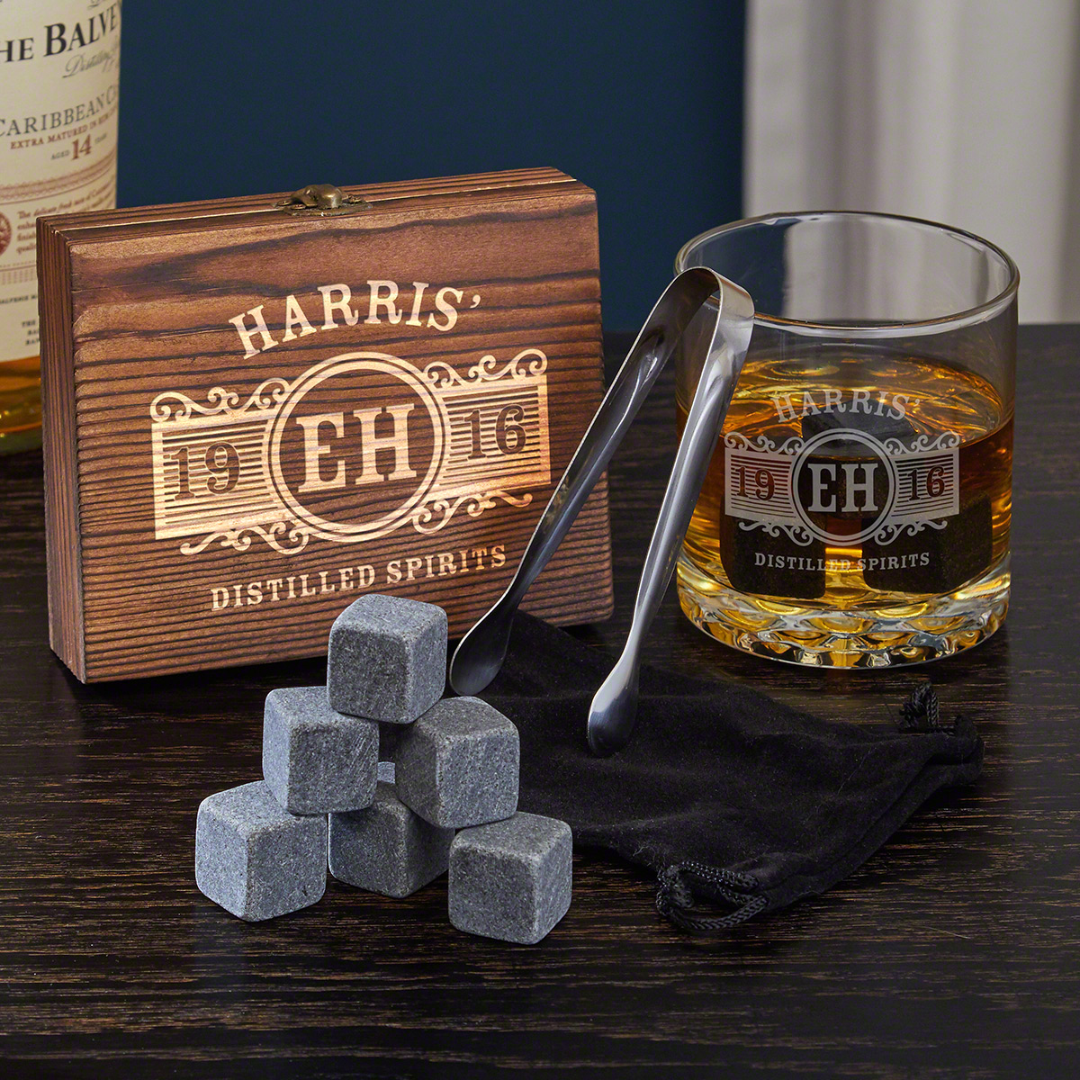 Marquee Engraved Whiskey Chilling Stones & Rocks Glass Set