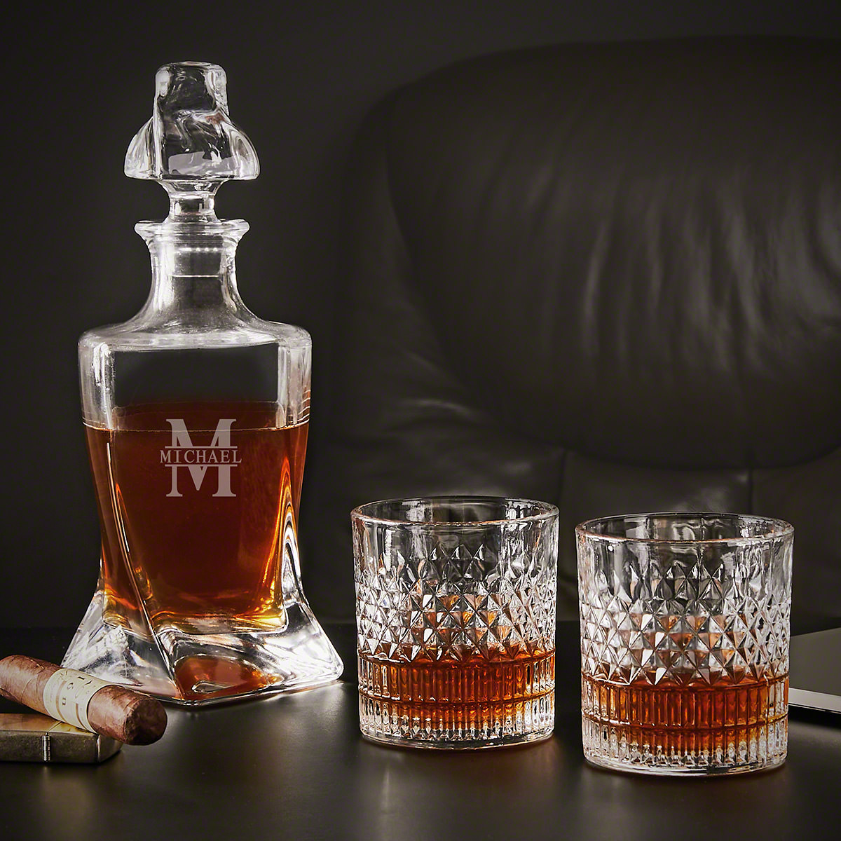 Whiskey Glass Set with Oakmont Engraved Twist Decanter