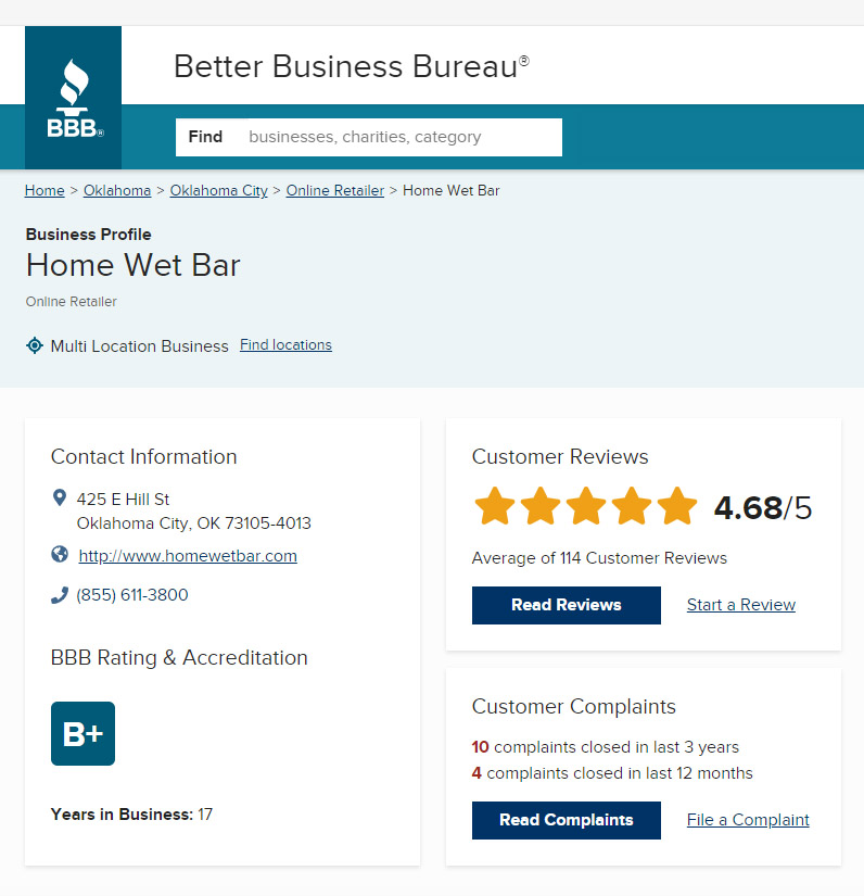 homewetbar reviews rated by customers on the BBB